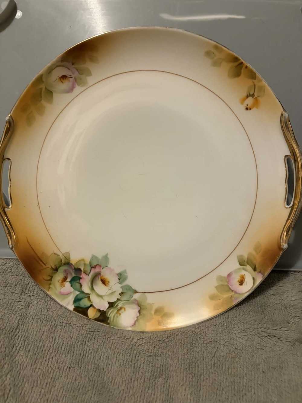 Vintage Nippon Hand Painted Floral Serving Plate w Gold Handles